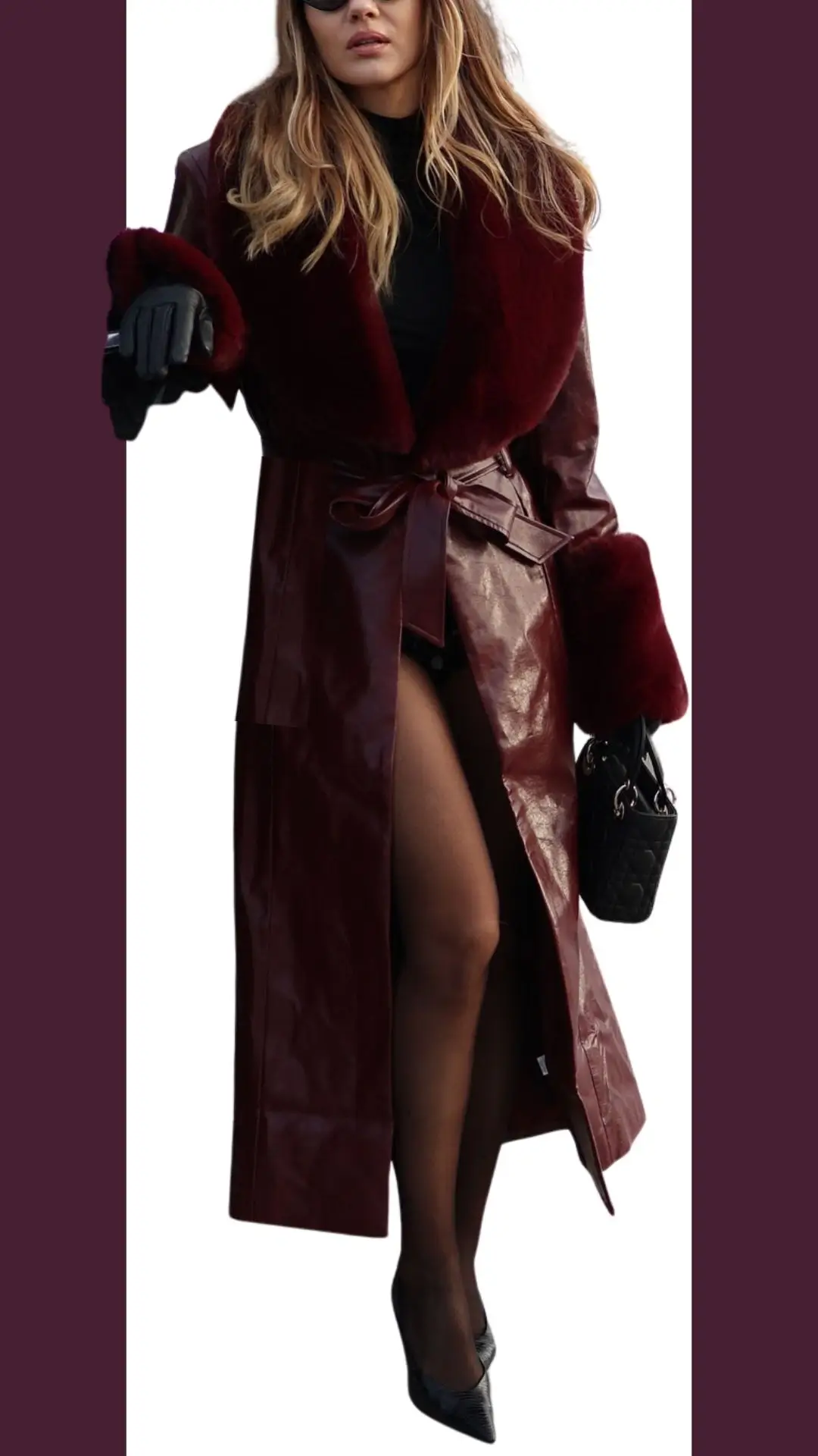 The outfit features a long burgundy coat made from a glossy, faux-leather material with luxurious fur cuffs, showcasing a belted waist for a tailored silhouette. Underneath, a fitted black turtleneck complements the coat, while thigh-high slits add elegance and depth. It is paired with classic black pointed-toe heels and an elegant black handbag, enhancing the sophisticated look.
