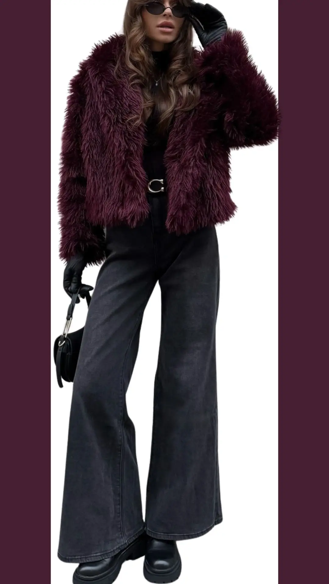 The outfit features a plush, burgundy faux fur coat with a loose fit and wide sleeves, paired with a sleek black top tucked into high-waisted, flared black denim pants. Complementing the look, chunky black platform boots and a small black handbag add a stylish touch, while black gloves enhance the sophisticated vibe.