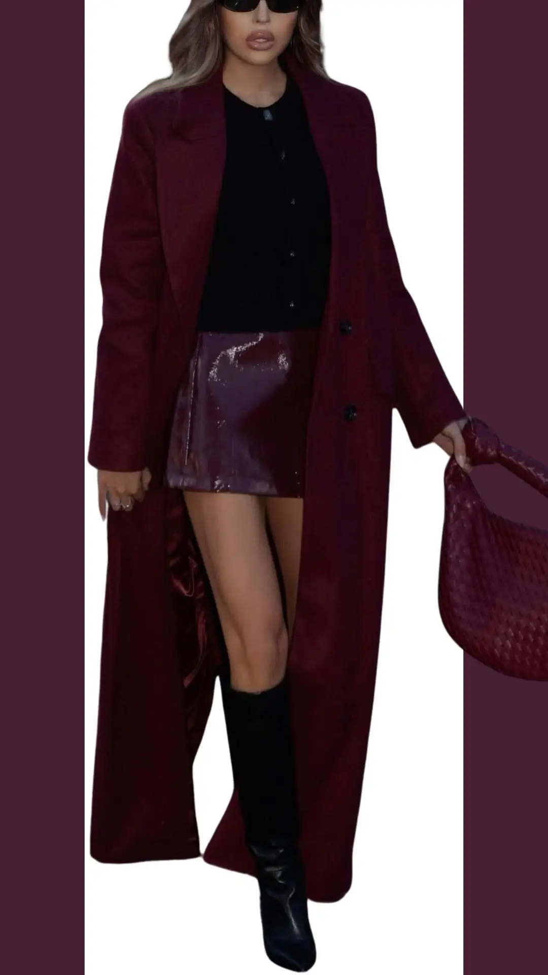 A stylish burgundy long coat with a structured silhouette features a notched collar and button closures, smoothly layered over a black fitted top. Paired with a high-shine burgundy mini skirt and knee-high black boots, the outfit is completed with a matching textured handbag, creating a chic and cohesive look. The rich color palette and varying textures enhance its visual appeal.
