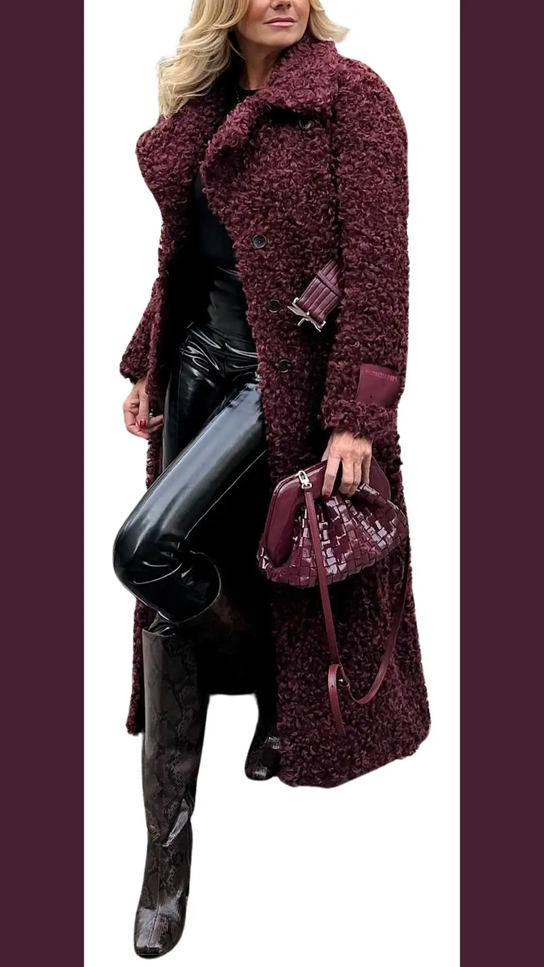 A textured burgundy long coat features a notched collar and double-breasted buttons, providing a cozy yet stylish look. Paired with sleek black faux leather leggings and knee-high snake print boots, the outfit is complemented by a matching burgundy handbag, adding an elegant touch. The overall ensemble exudes sophistication with rich shades and contrasting textures.