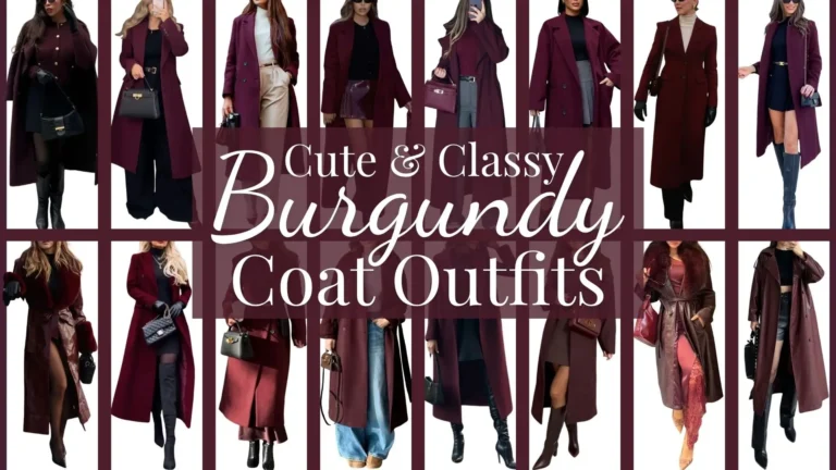 A collection of stylish burgundy coats showcases various cuts and textures, featuring tailored blazers, flowing trench coats, and cozy wrap styles. The outfits pair elegantly with sleek turtlenecks, fitted tops, and wide-leg trousers, complemented by a mix of knee-high boots and chic heels. Each ensemble highlights rich burgundy shades, accentuated by luxurious fabrics like wool and leather for a sophisticated look.