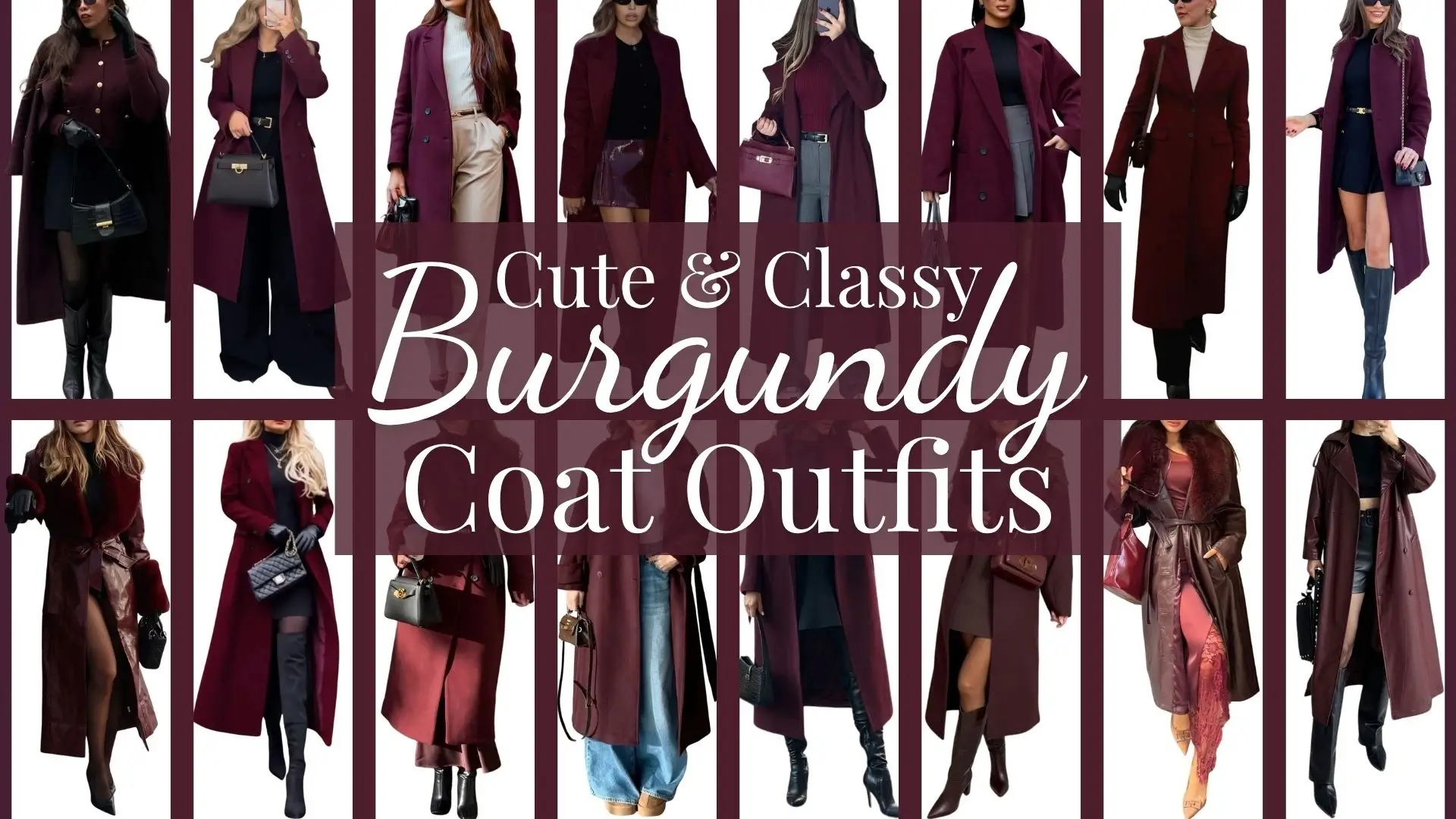 A collection of stylish burgundy coats showcases various cuts and textures, featuring tailored blazers, flowing trench coats, and cozy wrap styles. The outfits pair elegantly with sleek turtlenecks, fitted tops, and wide-leg trousers, complemented by a mix of knee-high boots and chic heels. Each ensemble highlights rich burgundy shades, accentuated by luxurious fabrics like wool and leather for a sophisticated look.