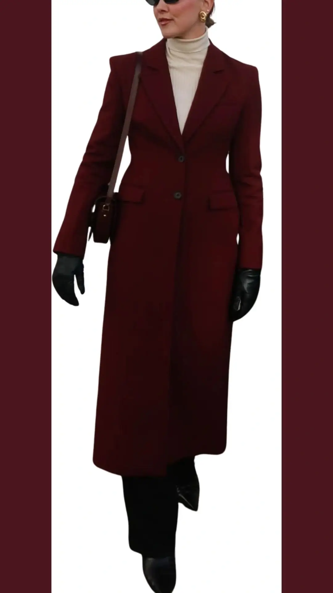 A burgundy long coat features a tailored silhouette, made from a smooth, rich fabric with a slight sheen. The coat is complemented by a high-neck cream turtleneck, fitted black trousers, and stylish black leather gloves, paired with sleek black ankle boots for an elegant finish. This outfit embodies sophistication with its classic cut and warm color palette.