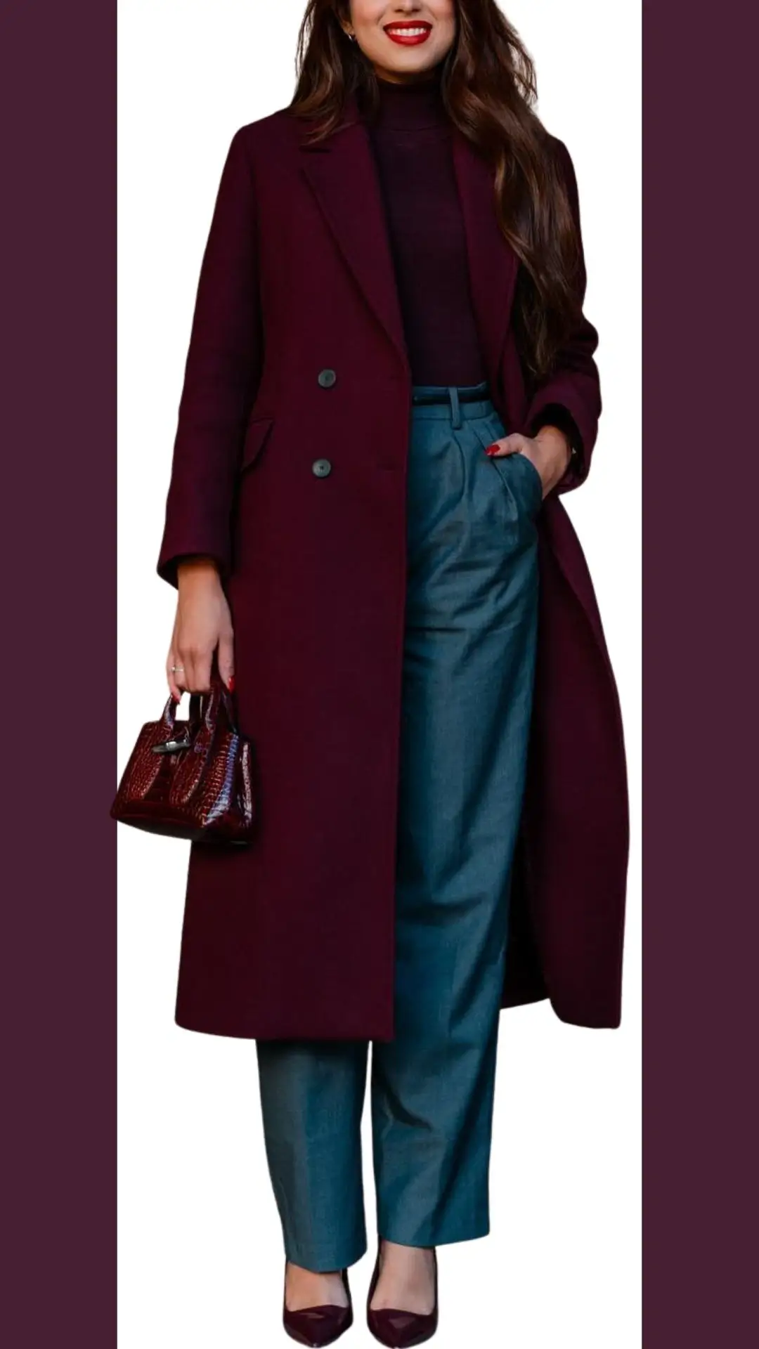 A tailored burgundy coat with a double-breasted closure drapes gracefully over a fitted dark purple turtleneck. The outfit is paired with loose, light blue trousers and sleek maroon pointed-toe heels, complemented by a stylish burgundy handbag. The rich textures and colors create a sophisticated and elegant look.