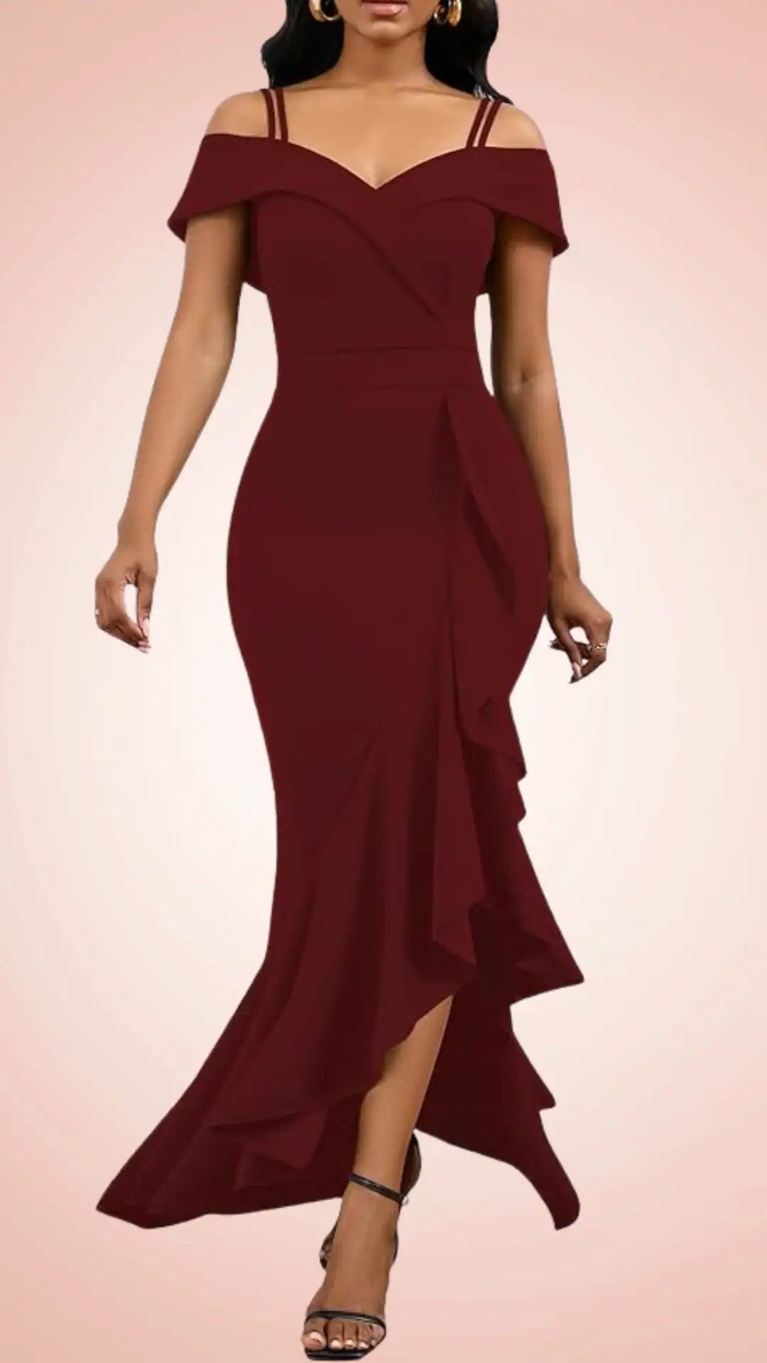 Elegant burgundy dress with fitted silhouette, structured off-the-shoulder neckline, spaghetti straps, and dramatic ruffled hem perfect for formal events and homecoming for teenage girls.