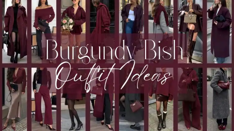 A range of burgundy outfits is displayed, featuring a mix of garments like long coats, fitted blouses, knitted sweaters, and tailored trousers. Standout details include rich textures, off-shoulder designs, and layered looks, with variations in fabric that enhance the overall elegance. The color palette is consistently deep burgundy, contrasted with muted tones like beige and grey, creating a sophisticated ensemble suitable for various occasions.