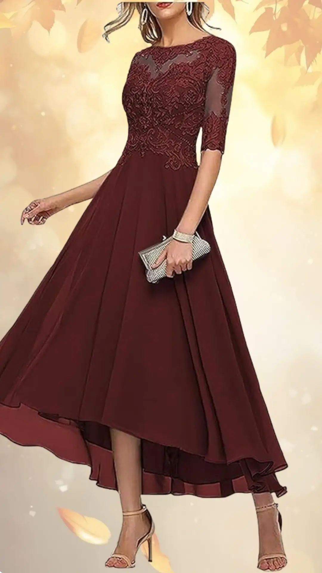 A rich burgundy wedding guest dress features a fitted bodice adorned with intricate lace detailing and elegant sheer three-quarter sleeves. The skirt flows gracefully to a calf-length hem, creating a chic A-line silhouette, complemented by strappy high-heeled sandals and a silver clutch. The warm tones make it perfect for fall occasions.
