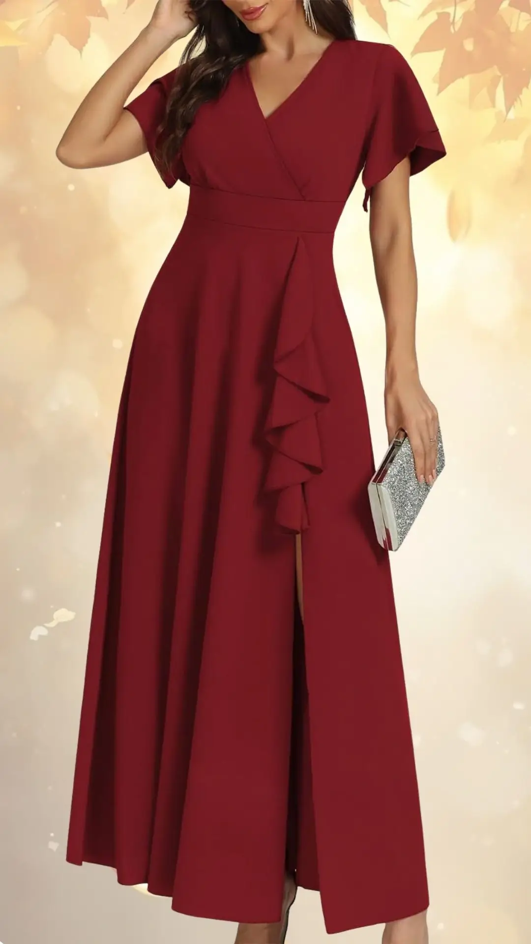 A rich burgundy wedding guest dress features a wrap-style bodice with soft flutter sleeves and a cascading ruffle down the side, accentuating a thigh-high slit. The floor-length silhouette flows elegantly, perfect for formal occasions, and is complemented by a sparkling silver clutch held in one hand. The warm tones of the dress create a sophisticated and inviting look.