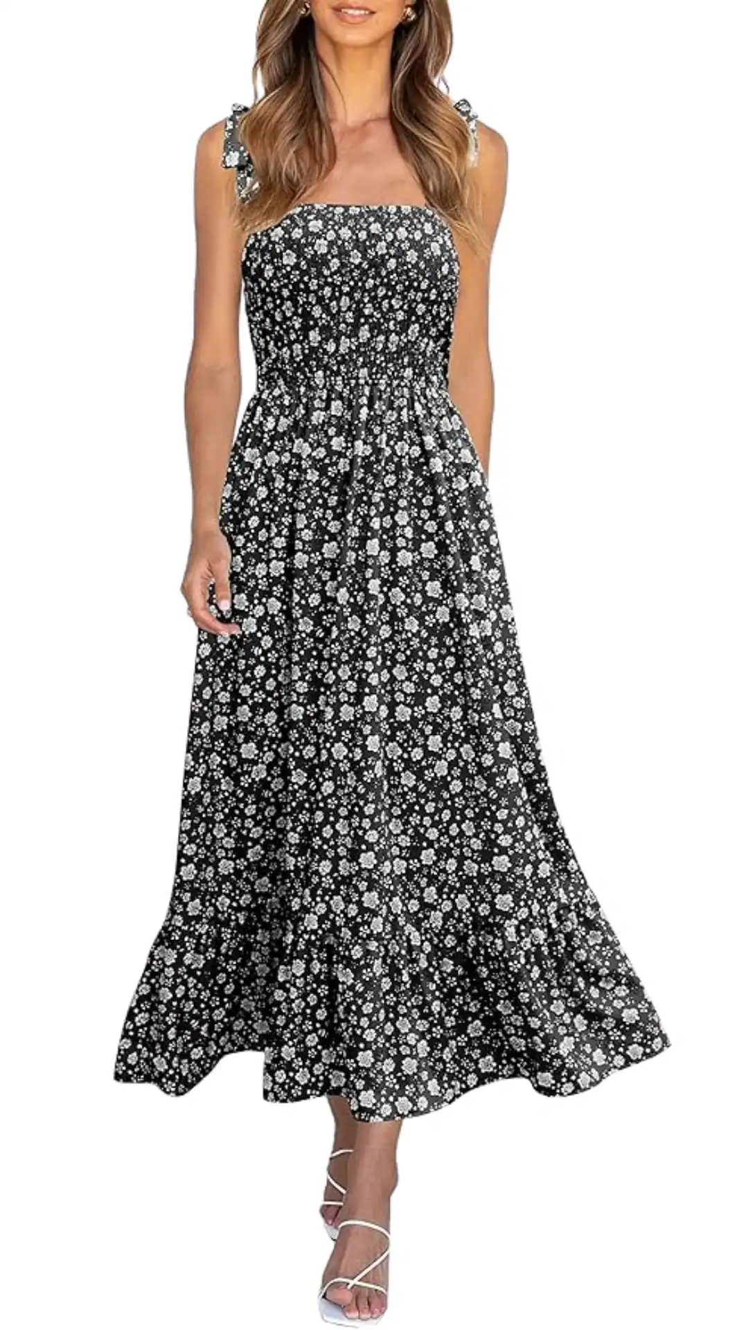 Black and white floral midi dress with smocked bodice and adjustable tie straps