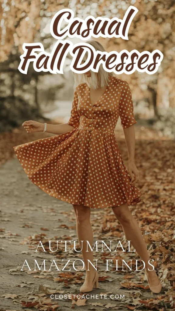 casual-fall-dresses-autumnal-everyday-dress-outfits A rust-colored casual dress features a playful white polka dot pattern and a flattering A-line silhouette that gently flares from the waist, accentuating the figure. The dress includes a deep V-neckline, short sleeves, and a button-down front, enhancing its relaxed yet stylish appeal, perfect for autumn outings. Ideal for layering, this comfortable dress can be paired with boots or flats for a chic fall look.