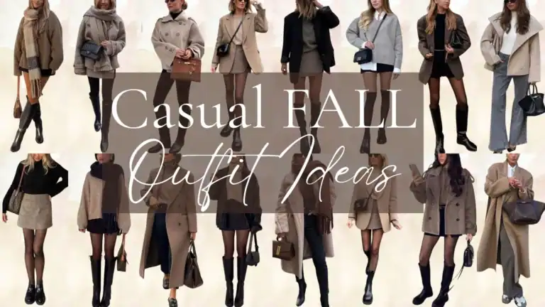 The outfits feature a range of casual fall styles, predominantly in earthy tones such as taupe, beige, and dark brown. Key details include oversized knitted sweaters, tailored blazers, and fitted skirts layered with tights, creating diverse silhouettes from relaxed to structured fits. Accessories like scarves and ankle boots provide additional texture and warmth, perfect for autumn weather.