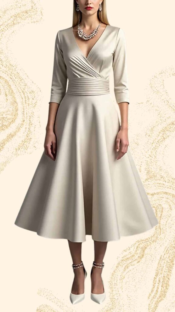 This champagne mother-of-the-bride dress features a knee-length A-line silhouette, a sophisticated V-neckline, and three-quarter sleeves. The bodice is elegantly wrapped, creating a flattering shape, while the smooth, textured fabric flows gently into a soft skirt perfect for formal occasions. Complemented by simple white heels, this gown epitomizes elegance for a wedding celebration.