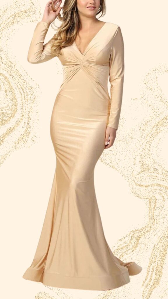 Champagne-colored mother of the bride dress features a fitted, floor-length silhouette with a modest deep V-neckline and long sleeves. The gown is made from a smooth, stretchy fabric that gently hugs the body, with elegant gathering at the bust for added detail. The design flares out subtly at the hem, creating a classic and sophisticated look perfect for a wedding.