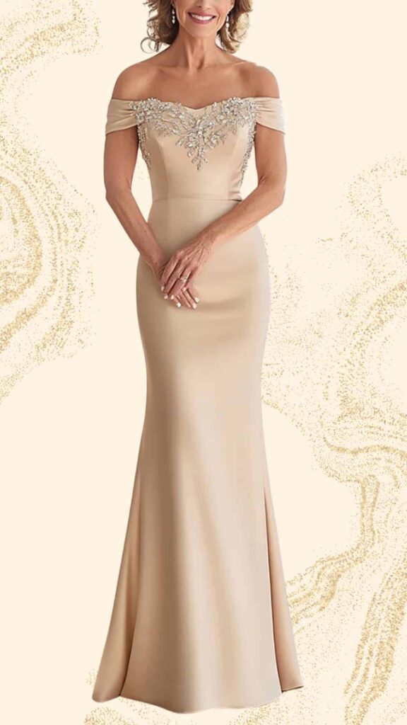This elegant champagne mother of the bride dress features a fitted silhouette with an off-the-shoulder neckline, adorned with delicate beading around the bust for added sophistication. The gown flows into a floor-length design with a slight train and a subtle side slit, highlighting its graceful movement and luxurious texture. Crafted from a smooth fabric, this dress seamlessly combines style and comfort, perfect for a wedding celebration.