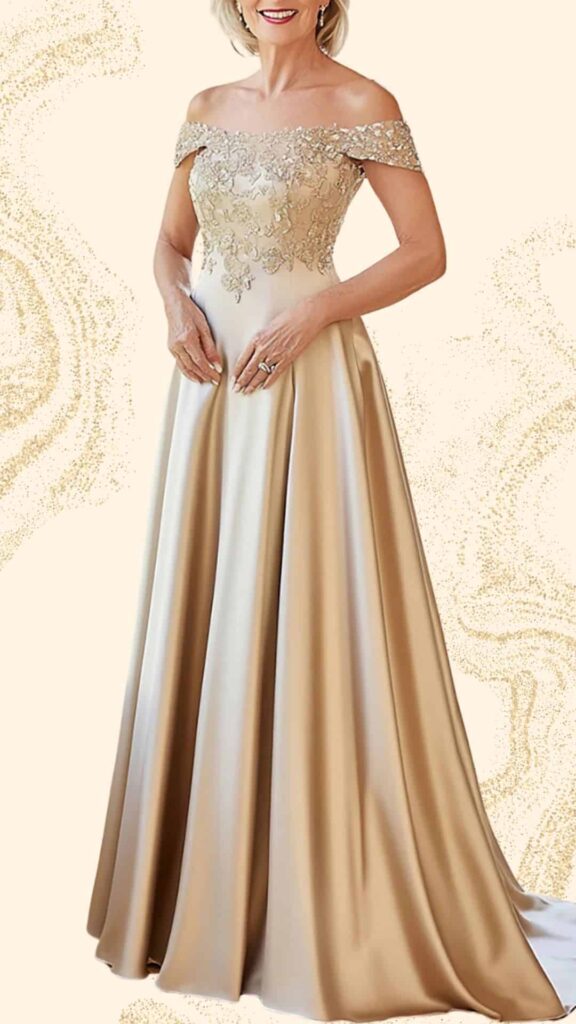 An elegant champagne mother of the bride dress featuring a floor-length silhouette with an off-the-shoulder neckline adorned with intricate beadwork. The gown has a smooth, flowing fabric that drapes gracefully, enhancing the sophisticated look while providing a timeless charm. Additional details include a fitted bodice that transitions into a subtly flared skirt, perfect for formal occasions.