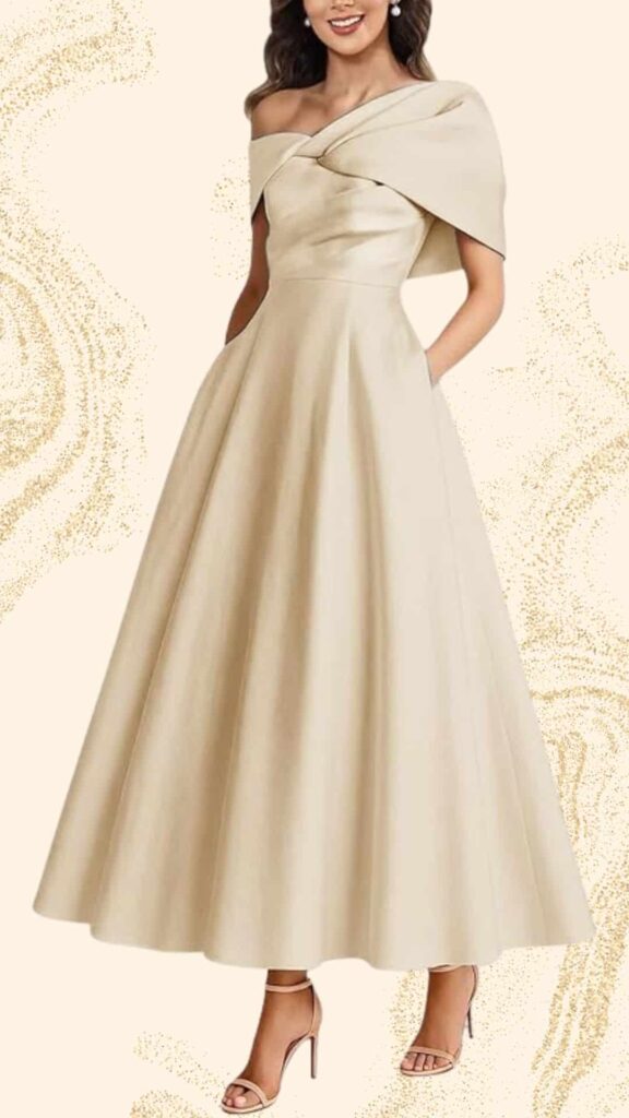 This elegant champagne mother-of-the-bride dress features a floor-length A-line silhouette, off-the-shoulder neckline, and a fitted bodice that flows into a voluminous skirt. The fabric has a smooth, lustrous finish, complemented by subtle draping at the bust, adding sophistication. Clean lines and side pockets enhance its refined look, making it perfect for a formal occasion.