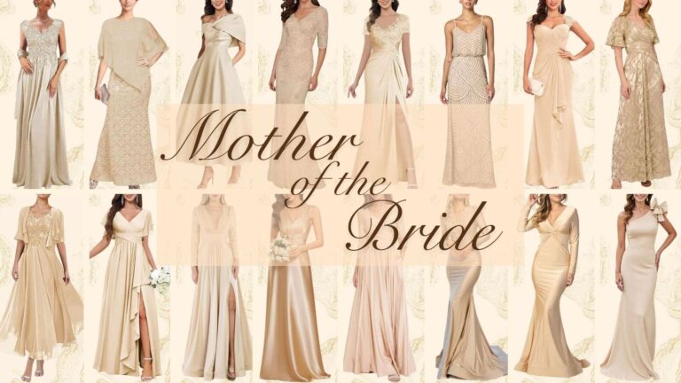 Champagne-colored mother of the bride dresses are elegantly designed with various styles. Features include long, flowing skirts, sophisticated necklines like V and off-the-shoulder, and textured fabric options such as lace, satin, or beaded embellishments. Many gowns have tailored bodices and sweeping hemlines, offering a flattering silhouette perfect for a formal wedding setting.