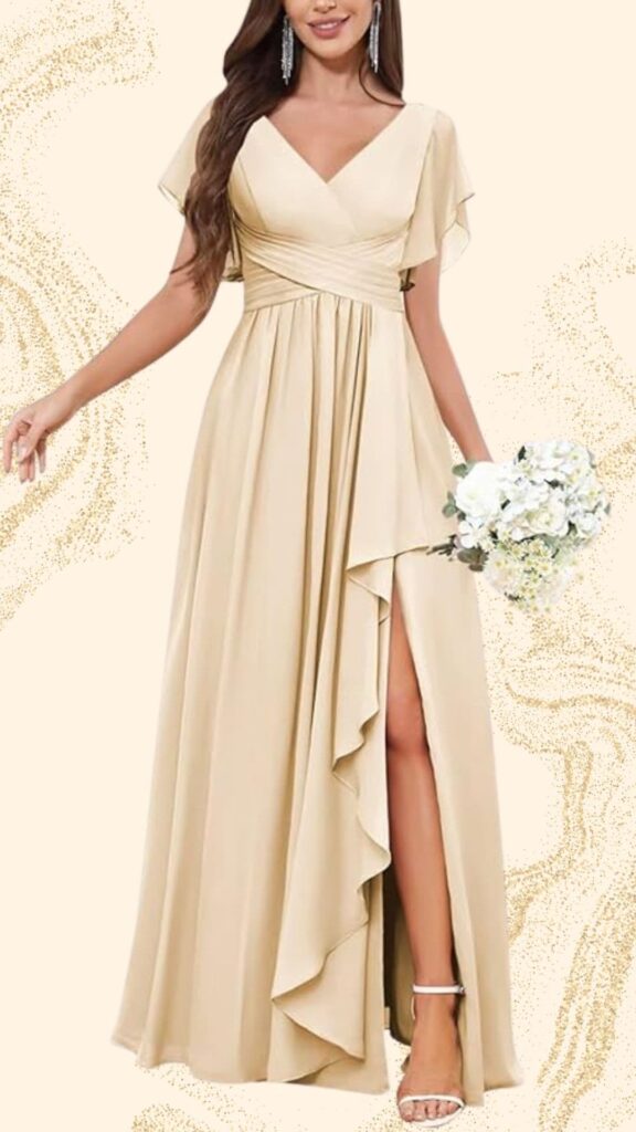 This elegant champagne mother of the bride dress features a floor-length silhouette with a flattering V-neckline and flutter sleeves that gently drape over the shoulders. The gown is crafted from soft, flowing fabric, showcasing a stylish side slit and cascading ruffle detail, perfect for a chic and sophisticated look at a wedding.