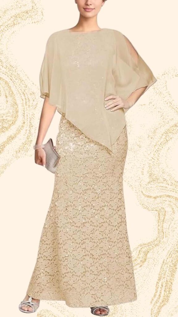 The dress features an elegant champagne lace design with a fitted floor-length silhouette. It has a boat neckline and flowing cape-style sleeves that add sophistication, while the delicate lace gives it a timeless and classy appeal, perfect for the mother of the bride. The gown combines texture and shimmer for a refined look.