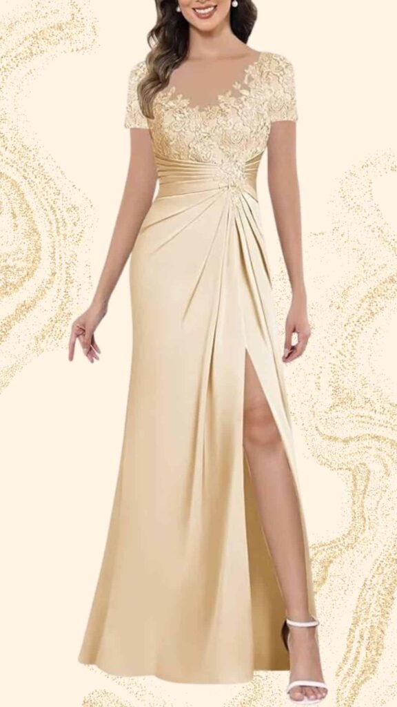 A champagne-colored mother of the bride gown features a fitted silhouette, knee-length skirt, and a sophisticated side slit. The dress showcases a delicate lace bodice with a sweetheart neckline and short sleeves, while the smooth fabric is elegantly draped for a flattering shape. Intricate floral detailing enhances the neckline, adding an element of grace and refinement.