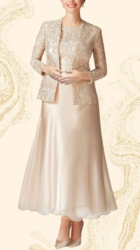 A champagne mother of the bride dress with an elegant A-line silhouette that falls to the floor, featuring a modest neckline and long sleeves adorned with intricate lace overlay. The sleek satin underlay creates a soft, flowing effect, complemented by a light jacket that adds sophistication without overwhelming the look. Ideal for celebrating a daughter’s wedding, this gown balances gracefulness with timeless style.