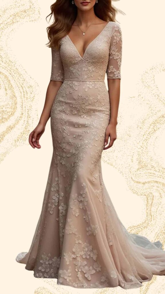 Champagne mother of the bride dress featuring a fitted silhouette that flares into a mermaid hemline. The gown has a deep V-neckline and elegant three-quarter sleeves, adorned with delicate floral lace appliqués for texture and visual interest. The soft fabric enhances the overall sophisticated and graceful appearance, making it an ideal choice for a wedding.