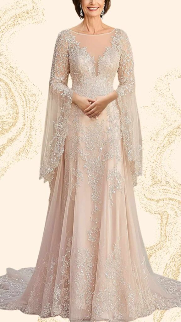 Champagne mother-of-the-bride dress featuring a floor-length mermaid silhouette, adorned with intricate silver beadwork. The gown has a graceful sheer neckline and long, flowing bell sleeves, creating an elegant and sophisticated look. The delicate layer of lace and soft tulle adds a romantic texture, perfect for a formal wedding setting.