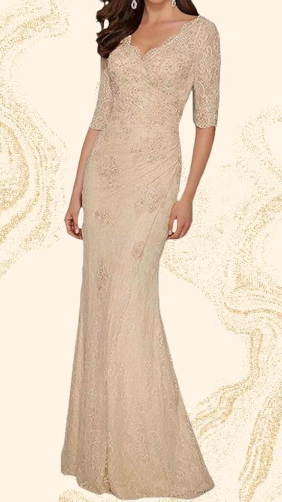 This elegant champagne mother of the bride dress features a form-fitting silhouette that gracefully flares at the hem, creating a sophisticated mermaid shape. It has a V-neckline and delicate half sleeves, adorned with intricate beadwork and floral lace patterns, imparting a timeless, vintage charm. The soft, textured fabric adds depth and refinement, making it an ideal choice for a formal wedding celebration.