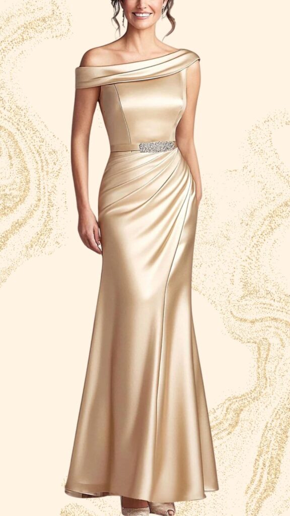 This champagne mother of the bride dress features an elegant off-the-shoulder neckline and a fitted bodice with gathering details that enhance its sophisticated silhouette. The gown flows into a graceful floor-length skirt, made from a smooth, satin fabric that reflects light beautifully, complemented by a sparkling waistband embellishment for added glamor.