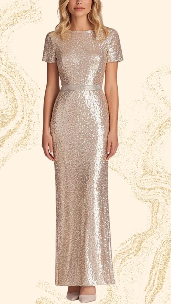 This elegant champagne mother of the bride dress features a fitted, floor-length silhouette with a round neckline and short sleeves. The dress is adorned with shimmering sequins that create a dazzling texture, complemented by a delicate waistband that enhances the figure, making it a stunning choice for a wedding.