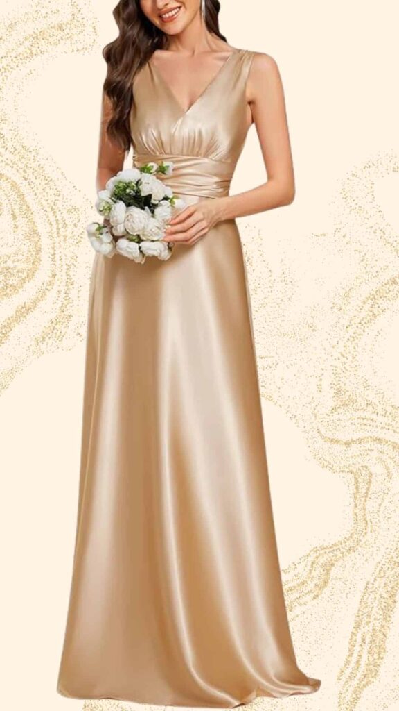 A champagne-colored mother of the bride dress features a flowing, floor-length silhouette with a sleek satin finish. The gown has a deep V-neckline and wide shoulder straps, creating an elegant and sophisticated look, while the fitted waist enhances the flattering drape of the skirt. The overall design exudes a refined charm, making it a perfect choice for a formal wedding.