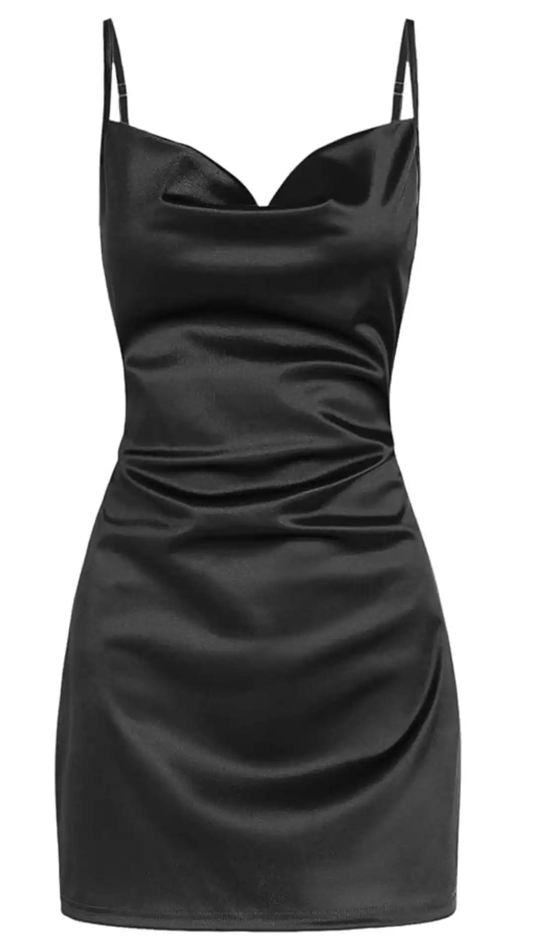 This chic black homecoming dress features a sleek, form-fitting silhouette made from smooth satin fabric that exudes a sophisticated sheen. The minimalist design includes delicate spaghetti straps and a subtly draped bodice, making it a trendy choice for teens attending formal events or dances, while its classic color ensures versatility and elegance.