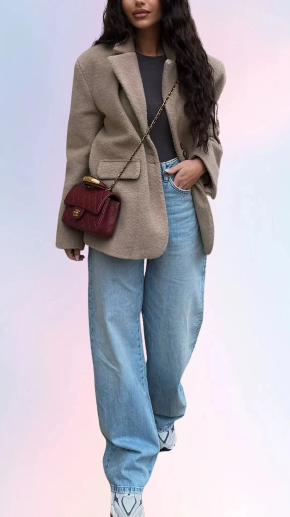 A relaxed outfit featuring a soft, oversized beige blazer made of plush fabric, paired with a fitted, dark gray top and light blue wide-leg jeans that provide a laid-back silhouette. The look is completed with stylish white sneakers and a small, quilted burgundy handbag, combining cozy textures and a blend of earthy and casual colors for a chic yet effortless vibe.