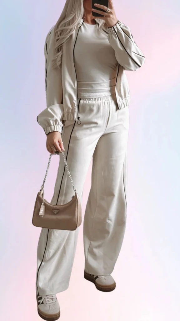 The outfit features a soft, light beige zip-up jacket with a relaxed fit and elasticized cuffs, paired with matching high-waisted wide-leg pants that have a cozy, slightly textured finish. Underneath, a simple cream-colored fitted top offers a comfortable layer, while the look is completed with stylish beige sneakers that add a laid-back touch. A small, sophisticated crossbody bag in a similar hue enhances the overall chill aesthetic.