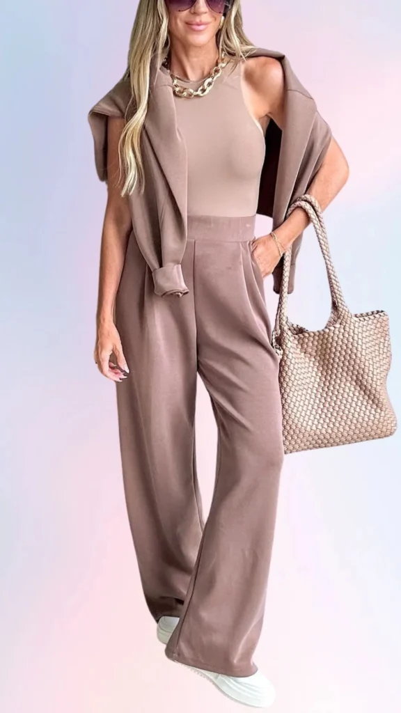 The outfit features a light beige sleeveless bodysuit paired with relaxed, high-waisted wide-leg trousers in a coordinating soft taupe shade, creating a smooth, flowing silhouette. Over the shoulders, a matching taupe shawl adds an extra layer of warmth and coziness, while a woven tote bag enhances the casual vibe. The ensemble is completed with comfortable white sneakers, making it perfect for a laid-back yet stylish day.