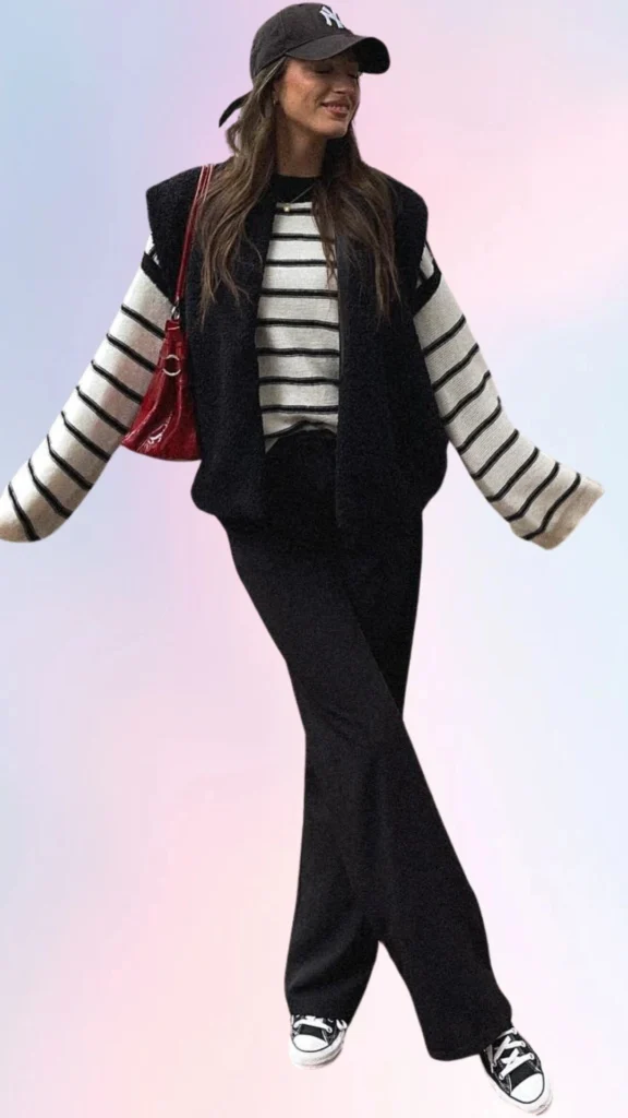 A relaxed outfit featuring a black sleeveless vest layered over a cream and black striped oversized sweater, complemented by wide black trousers for comfort. The look is completed with classic black and white sneakers and a casual black cap, creating a cozy and laid-back vibe perfect for easy days. The combination of soft fabrics and a loose fit enhances the overall sense of effortless style.
