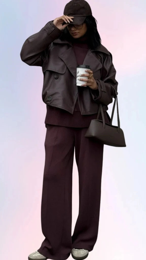 A relaxed brown leather cropped jacket is layered over a cozy burgundy knit sweater, paired with wide-leg burgundy trousers, creating a harmonious monochromatic look. The outfit is completed with gray sneakers and a matching brown cap, exuding a laid-back vibe suitable for easygoing days. The soft textures and rich colors enhance the overall sense of comfort and style.