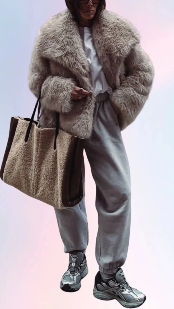 The outfit features an oversized, plush beige faux fur coat that adds warmth and texture, paired with a simple white t-shirt for a fresh look. Grey, relaxed-fit sweatpants provide a soft, comfortable feel, and stylish athletic sneakers complete the chill, laid-back vibe. A large, cozy tote adds a practical touch, making this outfit ideal for easy, effortless wear.