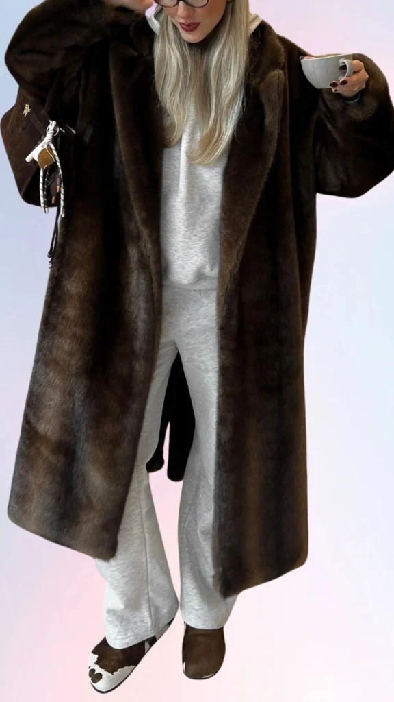 The outfit features a soft, oversized dark brown faux fur coat layered over a light gray, cozy hoodie and matching wide-leg sweatpants, creating a relaxed and inviting look. The textures are warm and plush, while the color contrast adds a sophisticated touch, complemented by casual, plush slip-on shoes with a cow print design. This ensemble is perfect for a laid-back day at home or a casual outing.