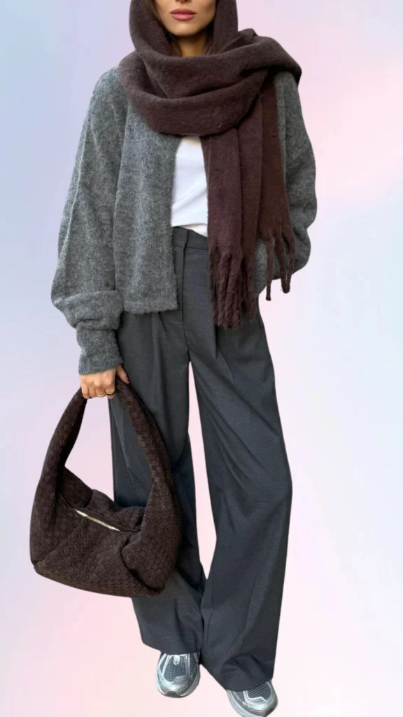 The outfit features a cozy gray cropped cardigan made from a soft knit fabric layered over a loose white tee. Paired with relaxed-fit dark gray trousers that offer ease of movement, a plush brown scarf adds warmth and texture, while a slouchy brown handbag and comfortable gray sneakers complete the laid-back look.
