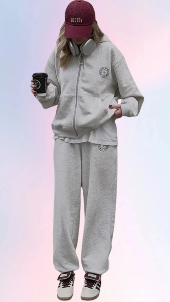 A cozy gray zip-up hoodie pairs perfectly with relaxed gray sweatpants, creating a chill, laid-back aesthetic. The outfit is complemented by a maroon baseball cap and casual sneakers, offering a soft texture and comfortable fit that are ideal for easy, lazy days. The overall ensemble exudes a relaxed vibe, perfect for staying stylish while unwinding.
