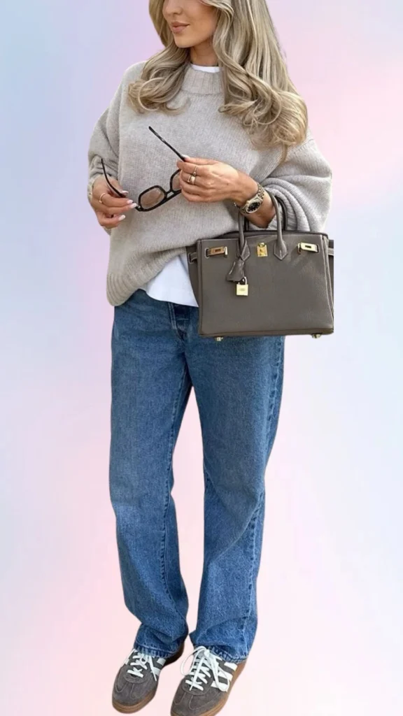 A cozy, oversized light gray sweater features a relaxed fit and soft texture, layered over a classic white t-shirt. The outfit is paired with comfortable blue denim jeans and casual gray sneakers with white laces, creating a stylish yet laid-back look perfect for easy days. Accessorized with a chic gray handbag, this ensemble combines comfort and elegance seamlessly.