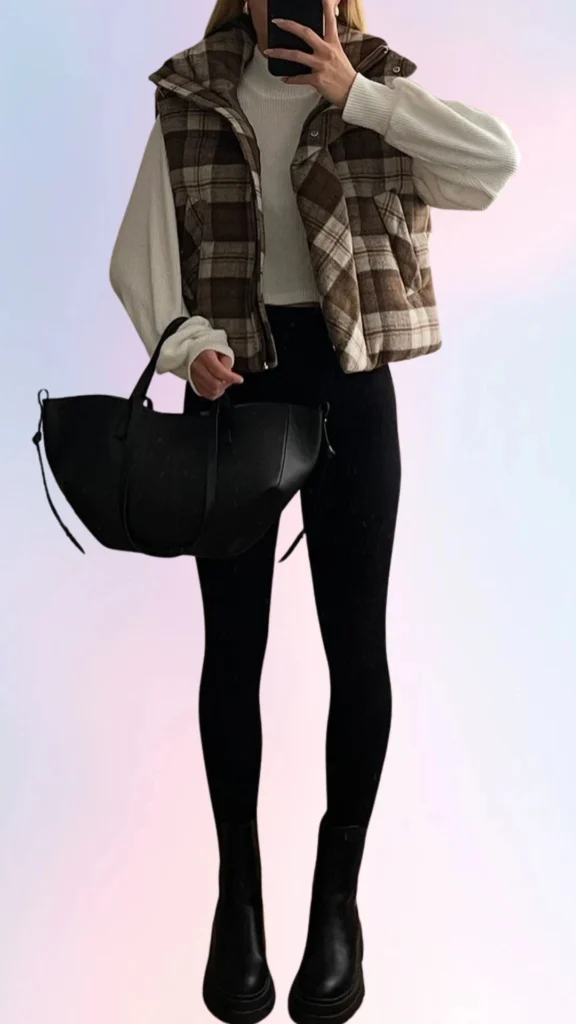 The outfit features a cozy white knit sweater layered under a brown and cream plaid puffer vest, creating a relaxed, textured look. Paired with form-fitting black leggings and chunky black ankle boots, this ensemble combines comfort and style for a laid-back day. A sleek black handbag completes the look, adding practicality without sacrificing aesthetics.