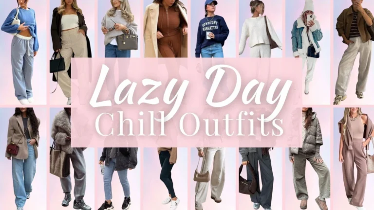 A collection of cozy, laid-back outfits features soft, oversized sweaters in pastel shades, relaxed-fitting joggers and wide-leg pants in neutral tones, and lightweight layering pieces like cardigans and denim jackets. Textures include plush knits, smooth cotton, and warm fleece, with stylish accessories like slouchy bags and casual sneakers. These combinations create a comfortable yet chic look ideal for effortless, lazy day wear.