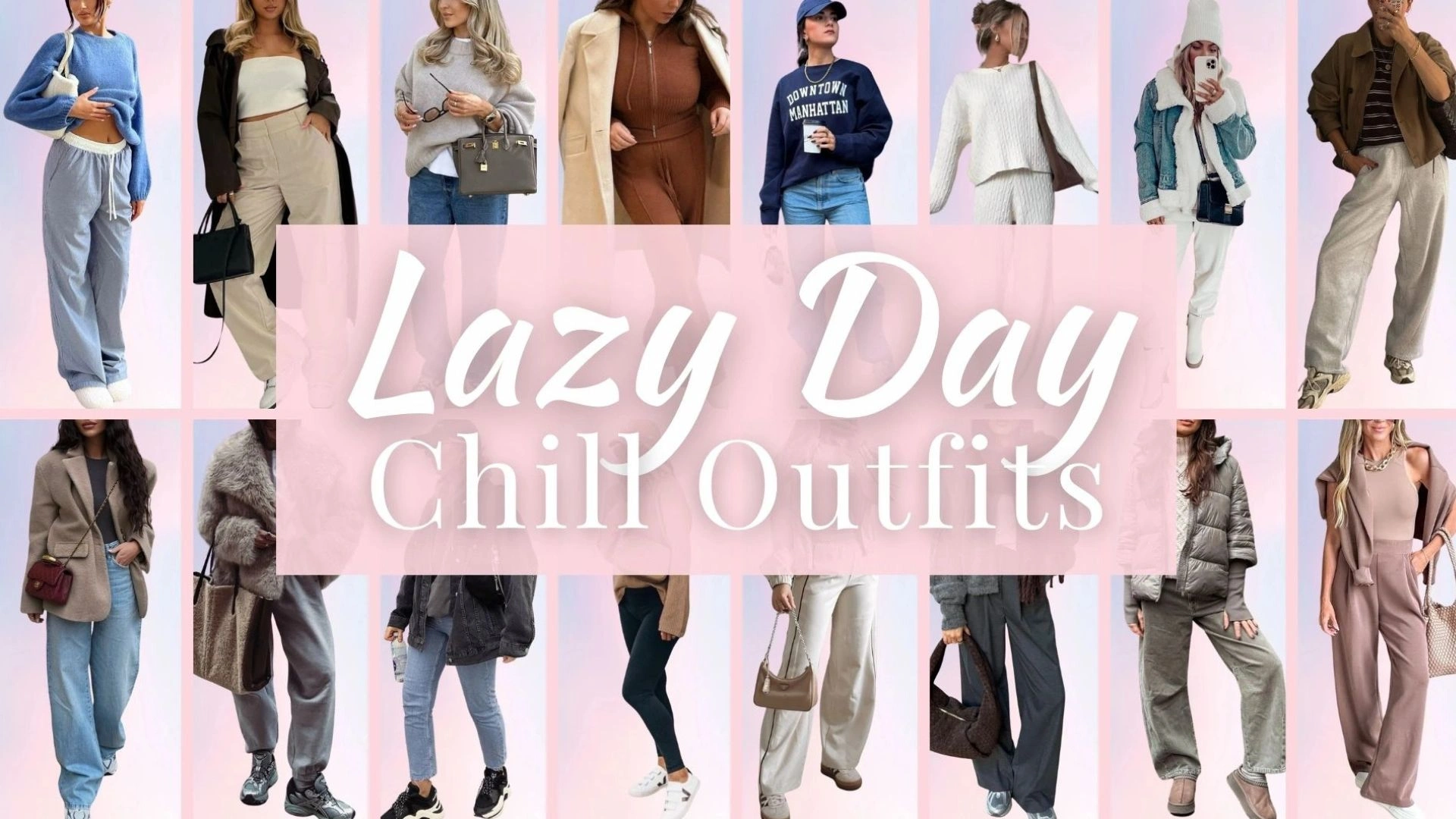 A collection of cozy, laid-back outfits features soft, oversized sweaters in pastel shades, relaxed-fitting joggers and wide-leg pants in neutral tones, and lightweight layering pieces like cardigans and denim jackets. Textures include plush knits, smooth cotton, and warm fleece, with stylish accessories like slouchy bags and casual sneakers. These combinations create a comfortable yet chic look ideal for effortless, lazy day wear.