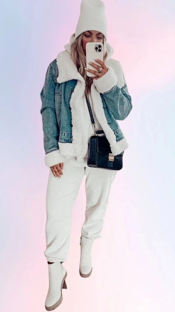 The outfit features a cozy white hoodie layered under a soft, oversized denim jacket with a fluffy lining and contrasting white collar, enhancing its relaxed vibe. Paired with tapered white joggers and chic cream ankle boots, the look combines comfort with style, completed by a snug white beanie for extra warmth. A small black crossbody bag adds a touch of sophistication to this laid-back ensemble.