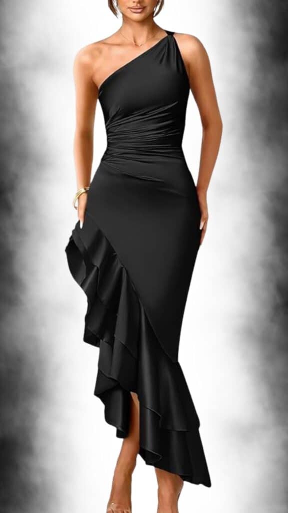 A fitted black dress features a chic one-shoulder neckline and is adorned with a side ruffle that flows gracefully down the skirt, enhancing its elegant silhouette. The dress is designed to knee length, offering a sophisticated aesthetic perfect for formal occasions. Its smooth fabric drapes beautifully, accentuating the figure while maintaining a classic and timeless look.
