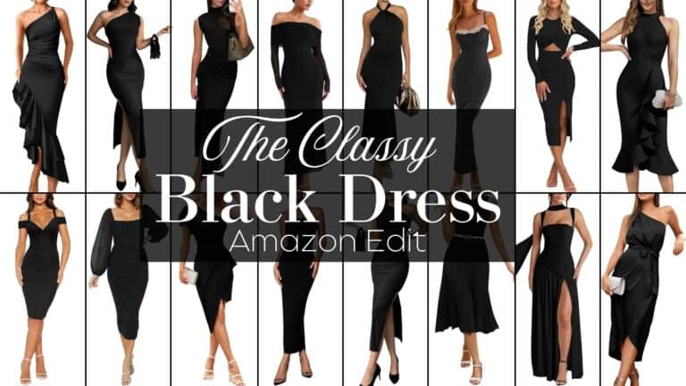 A collection of elegant black dresses featuring diverse silhouettes, including fitted, flared, and ribbed styles. Necklines vary from strapless to halter and off-the-shoulder, while sleeves range from long to sleeveless, offering versatility. Each dress has unique details such as ruffles, cutouts, or lace accents, designed to create a sophisticated and timeless look for any occasion.