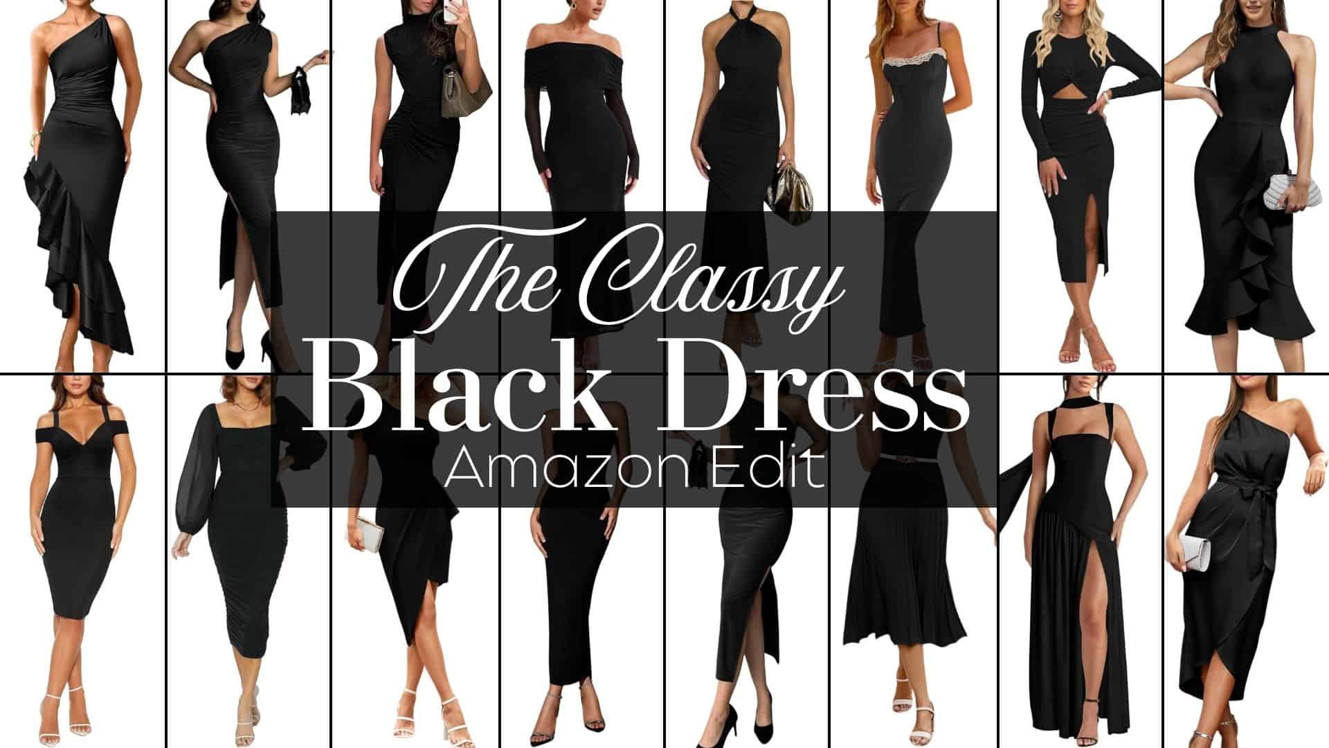 A collection of elegant black dresses featuring diverse silhouettes, including fitted, flared, and ribbed styles. Necklines vary from strapless to halter and off-the-shoulder, while sleeves range from long to sleeveless, offering versatility. Each dress has unique details such as ruffles, cutouts, or lace accents, designed to create a sophisticated and timeless look for any occasion.