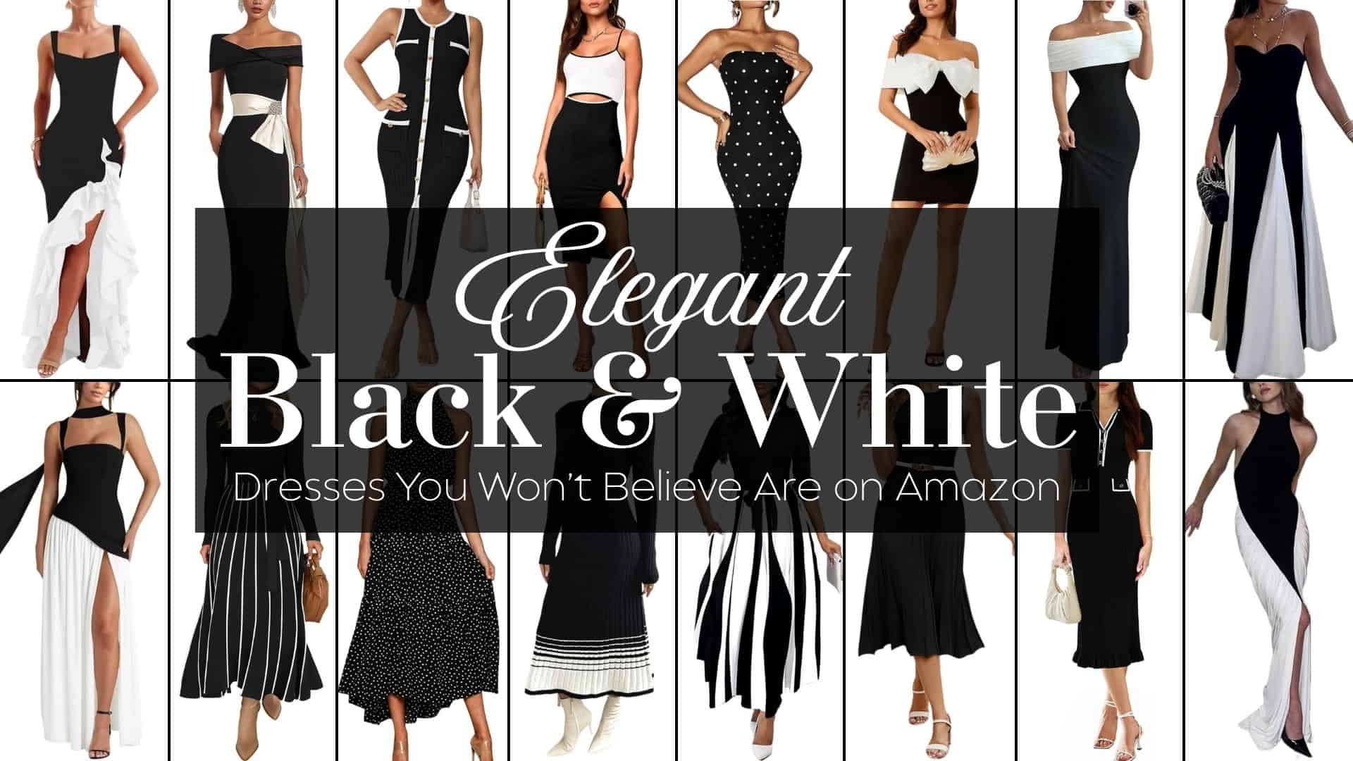 The image showcases a collection of elegant black and white dresses featuring various silhouettes, from fitted to flared. Necklines include off-the-shoulder, sweetheart, and chic square shapes, while sleeve options range from sleeveless to capped. Lengths vary from knee-length to full-length gowns, with details like ruffles, contrasting patterns, and cinched waists enhancing their sophisticated aesthetic.